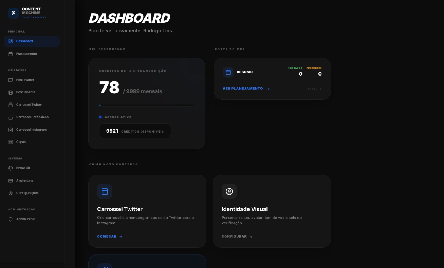 Dashboard real do Content Machine