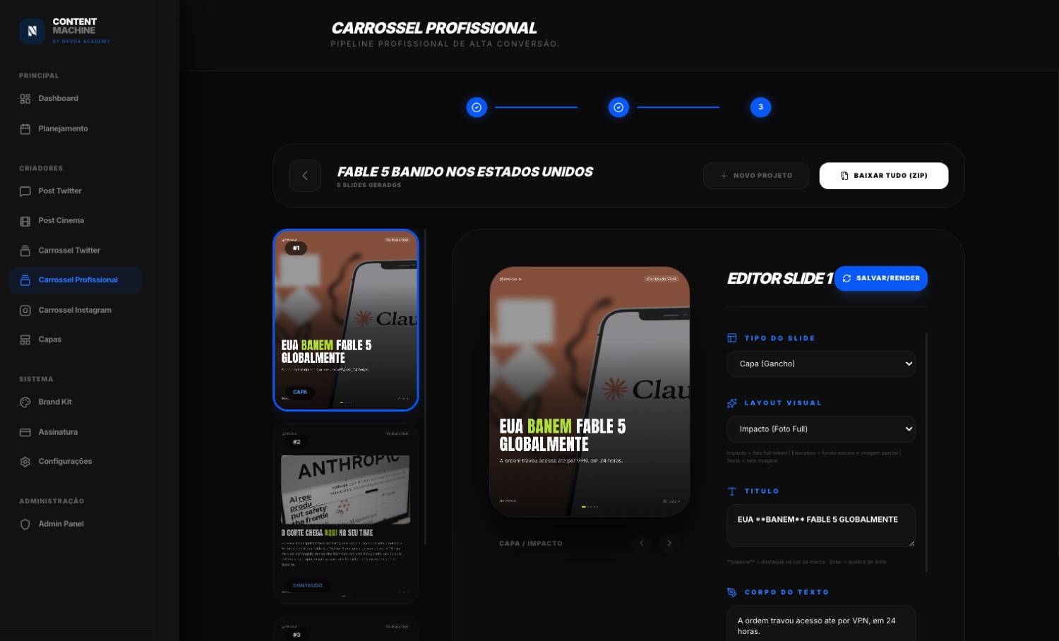 Editor de carrossel do Content Machine